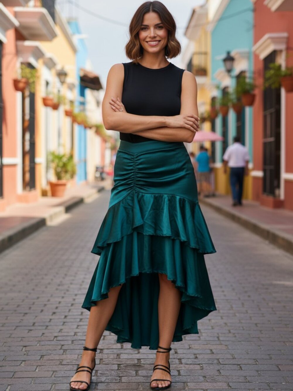 Viva Aviva Green Silk Tiered Ruffle Hi Low Asymmetrical Skirt Xsmall